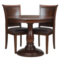Round wooden dining table with pedestal base is paired with two matching chairs, featuring elegant dark wood and cushioned seats, creating classic and inviting dining setup png