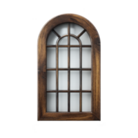 Arched wooden window with frosted glass and grid design, creating classic and elegant look. rich brown wood frame adds warmth and sophistication to any space png