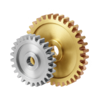 Two interlocking metal gears, one silver and one gold, symbolize teamwork and precision in mechanical engineering. shiny surfaces reflect light, highlighting their intricate design png