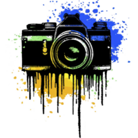 Vintage camera illustration with colorful paint splashes in blue, yellow, and green creates vibrant and artistic design. dripping paint effect adds dynamic and creative touch png