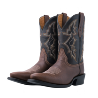Pair of stylish cowboy boots with intricate stitching, featuring combination of brown and black leather, perfect for Western themed outfit or casual wear png