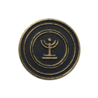 This features round, black coin with gold menorah symbol center, surrounded by concentric circles. design is simple yet elegant, with vintage feel.menorah symbol black coin with gold accents png