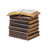 Stack of vintage books with open book on top, showcasing aged pages and leather covers, evokes sense of history and knowledge png
