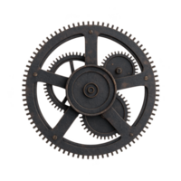 Large, intricate metal gear with multiple smaller gears inside, showcasing vintage industrial design. gears are dark and weathered, suggesting age and mechanical history png
