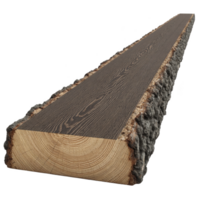 Long, rectangular wooden beam with rough, bark covered edge and smooth, sanded top surface, showcasing natural wood grain. Ideal for rustic construction or decor png