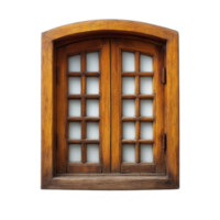 Wooden arched window with classic design features multiple small glass panes and warm brown finish, evoking rustic and inviting atmosphere png