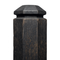 Dark wooden post with square top, featuring weathered texture and rustic appearance, stands against plain background. post surface shows natural grain patterns png