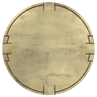 Round, textured, metallic surface with weathered appearance and subtle geometric patterns. design suggests industrial or steampunk aesthetic, evoking sense of mystery and history png