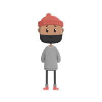 Cute cartoon character with beanie and sweater stands with friendly expression. character has beard and is wearing casual shoes, creating cozy and approachable vibe png