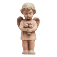 Serene angel statue with wings holds bouquet of flowers, symbolizing peace and innocence. sculpture is crafted from stone, showcasing intricate details and gentle expression png