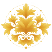 Intricate golden floral design with symmetrical leaves and ornate details, set within circular frame, exudes elegance and sophistication png