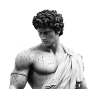 Classical marble statue of male figure with modern twist, featuring geometric patterns and lines on skin, blending traditional art with contemporary design png