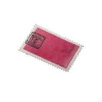 Vintage red postage stamp with black cancellation mark is displayed against transparency background, showcasing its perforated edges and classic design png