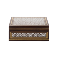 This intricately designed wooden box features detailed geometric patterns and polished finish, perfect for storing small items or as decorative piece png