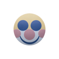 Colorful, abstract clown face with smiling expression features large blue eyes and pink nose on circular background. design is playful and whimsical png