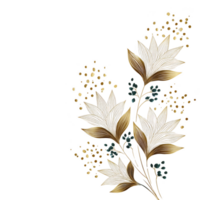 Golden floral design with intricate leaves and delicate dots on transparency background, creating elegant and luxurious pattern. composition features metallic gold and subtle green accents png