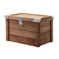 Sturdy wooden storage chest with metal reinforcements and secure latch, perfect for organizing and storing various items in rustic style png