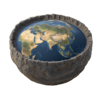 This depicts conceptual illustration of flat Earth model, showing cross section with visible continents and oceans surrounded by rocky edge. artwork creatively challenges traditional spherical png