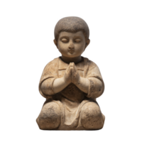 Serene stone statue of kneeling child with hands in prayer, eyes closed, and peaceful expression. sculpture has weathered texture, suggesting age and tranquility png