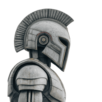 futurista robot con diseño inspirado por antiguo guerreros, presentando casco con cresta y metálico armadura. robot pulcro y detallado construcción sugiere avanzado tecnología y artesanía png