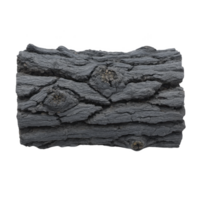 Piece of charred wood with rough texture and dark color, showing natural patterns and knots, isolated on transparency background png