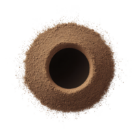 Circular mound of brown powder is surrounded by scattered dusting, creating textured and dynamic visual. central void adds depth and contrast to composition png