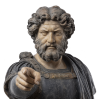This features detailed statue of bearded man with curly hair, wearing toga and pointing forward. expression is intense and commanding, capturing sense of authority and power png