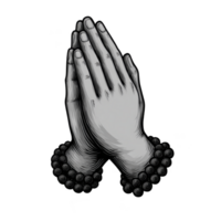 Praying hands illustration with rosary beads, symbolizing spirituality and devotion. grayscale design emphasizes peace and reflection png