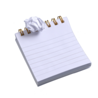 Spiral bound notepad with lined pages is shown with crumpled piece of paper on top, suggesting brainstorming or discarded ideas. background is plain, emphasizing notepad png