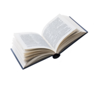 Open book with visible text on its pages, lying flat and slightly curved, showcasing its white pages and black text. book appears to be hardcover with simple design png