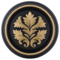 Ornate gold leaf design on black circular background, featuring intricate detailing and border of gold beads, creating elegant and luxurious appearance png