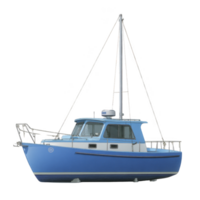 Blue motorboat with cabin and mast is isolated on transparency background, showcasing its sleek design and nautical features. boat appears ready for maritime adventure png