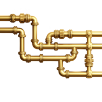 Golden pipes with intricate connections form complex network against transparency background, showcasing industrial design and engineering precision. metallic shine adds luxurious touch png