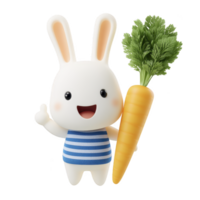 Cute cartoon rabbit with joyful expression holds large carrot, wearing blue striped shirt. character is designed in playful, colorful style, appealing to children png