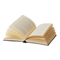Open book with visible text on its pages, showcasing classic and educational theme. book is positioned against plain transparency background, emphasizing its pages and binding png