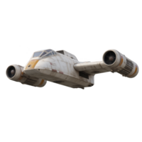 Futuristic spacecraft with dual engines and sleek design, flying through space. ship has weathered appearance, suggesting extensive use png