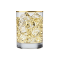 Glass filled with sparkling golden liquid and ice cubes, creating luxurious and refreshing appearance. clear glass showcases shimmering effect of drink, adding elegance png