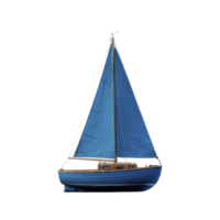 Blue sailboat with tall sails stands isolated against transparency background, showcasing its sleek design and nautical charm. boat wooden accents add classic touch png