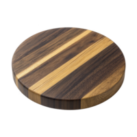 Round wooden cutting board with striped pattern of light and dark wood, showcasing smooth finish and natural texture. Ideal for kitchen use or as serving platter png