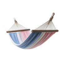 Colorful hammock with pink, blue, and white stripes is suspended by sturdy ropes, creating relaxing and inviting atmosphere. Perfect for outdoor leisure and comfort png