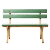 Simple wooden bench with green painted backrest and seat, featuring natural wood frame, stands isolated on transparency background. bench exudes rustic charm, ideal for outdoor settings png