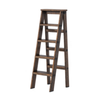 Rustic wooden ladder with dark finish stands upright, showcasing its sturdy design and multiple steps. Ideal for home decor or practical use, it exudes vintage charm png