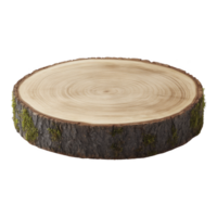 Round wooden tree slice with visible growth rings and moss on bark, perfect for rustic decor or crafts. natural texture adds charming, earthy feel png