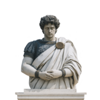 Marble statue of Roman emperor stands with solemn expression, draped in toga and adorned with intricate armor. detailed craftsmanship highlights historical significance and artistic elegance png