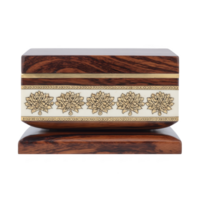 Beautifully crafted wooden jewelry box with intricate floral carvings on sides, showcasing blend of elegance and artistry. rich wood grain adds touch of sophistication png