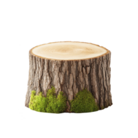 Tree stump with visible growth rings and moss at base creates natural and rustic appearance. texture of bark and vibrant green moss add to its organic charm png