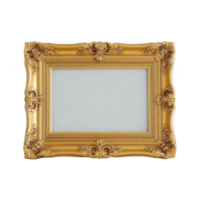 Ornate, empty gold picture frame with intricate floral designs and rectangular shape, set against plain background, exudes elegance and sophistication png