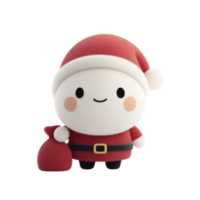 This features cute, cartoon style Santa Claus character with red suit and hat, holding small red sack. character has round, smiling face and cheerful expression png
