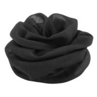 Black, sheer fabric scrunchie with delicate, lightweight texture is elegantly coiled, resembling rose. soft material adds touch of sophistication to any hairstyle png