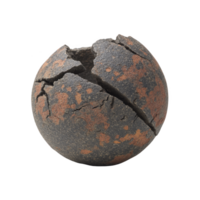 Cracked, weathered stone sphere with rough texture and reddish brown patches, suggesting age and natural erosion. sphere surface is uneven, adding to its rustic appearance png